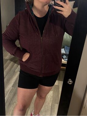 L.L. Bean Burgundy Zip Hoodie with Green and Blue Plaid Lining